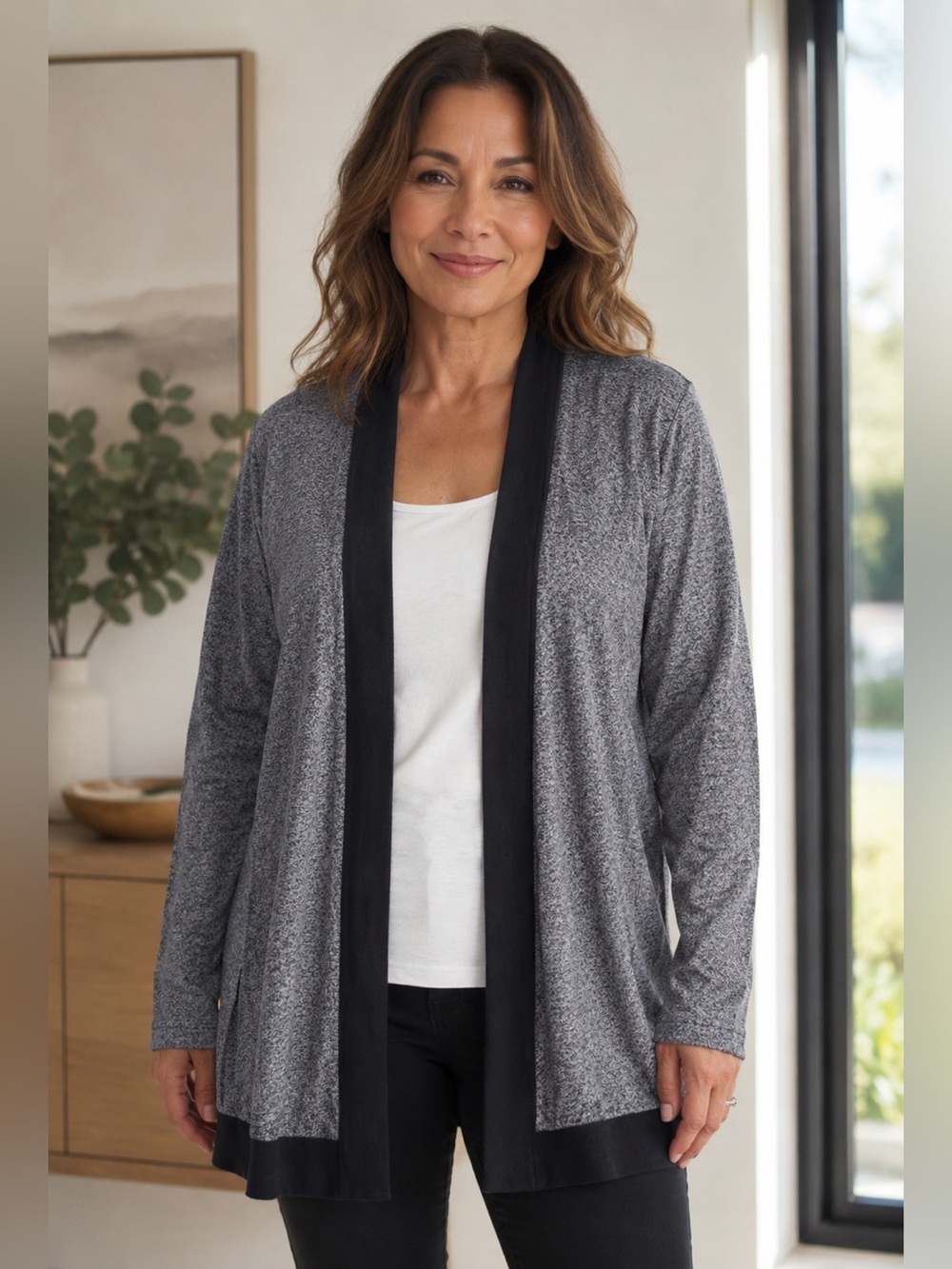 Susan Graver‎ Gray Black Long Open Front Cardigan Large Casual Minimalist Office